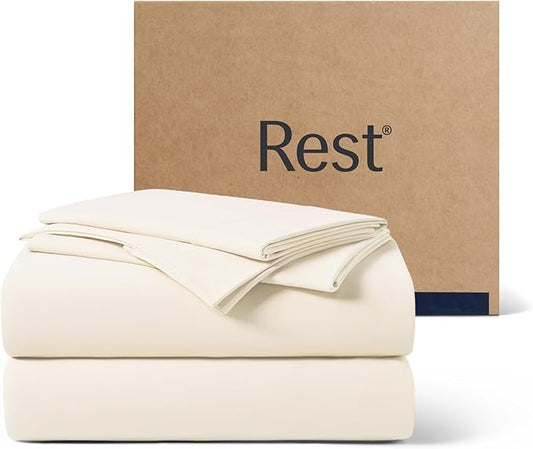 REST® Evercool®+ Cooling Sheet Set, Full Size, Snow Ivory, Breathable Bed Sheets for Hot Sleeper and Night Sweats, with Pillowcases, with Ionic+ Self-Cleaning Silver Yarn for Sensitive Skin, 4PCS