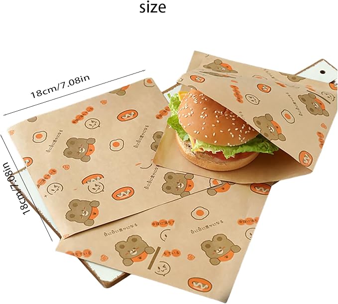 100 PCS 7x7 Inch Grease Proof Paper Bags, Double Open End Sandwich Bags for Pretzels, Burgers, Cookies | Bulk Snack Bags for Concession Stands, Birthday Parties, Wedding Favors (bear pattern)