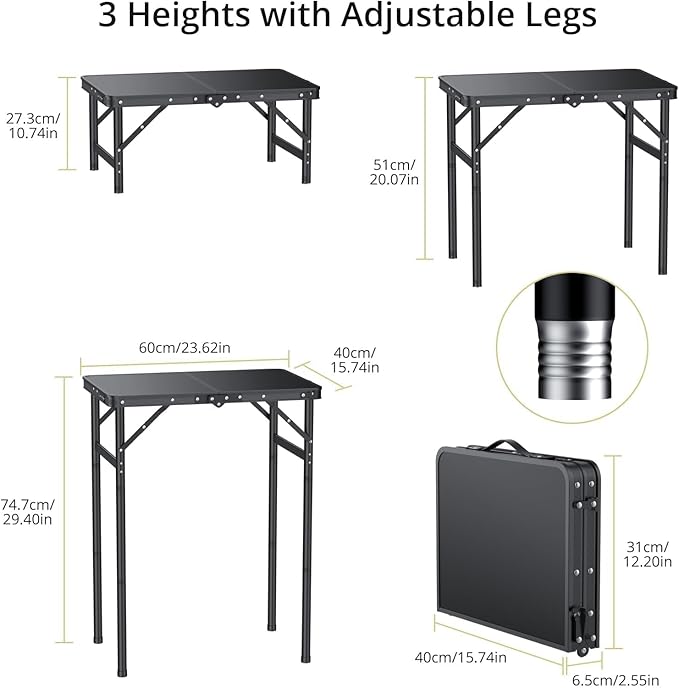 2ft Folding Camping Table Max 29.5" with Storage Net, 3 Adjustable Height Aluminum Small Folding Table, Portable Handle, Lightweight, for Travel Outdoor Beach Picnic Camp, 23.2" x 16", Black