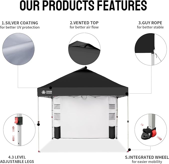 CROWN SHADES Canopy Tent, 10 x 10 Foot Portable Pop Up Outdoor Shelter with Pocket Sidewall, Push Center Lock, UV Protection, and Carry Bag, Black