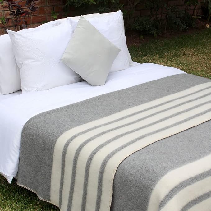 Thick Alpaca Wool Blanket Heavyweight Camping Outdoors Indoors Soft Peru Queen Size Stripes Design (Soft Gray/Ivory, Queen Size)
