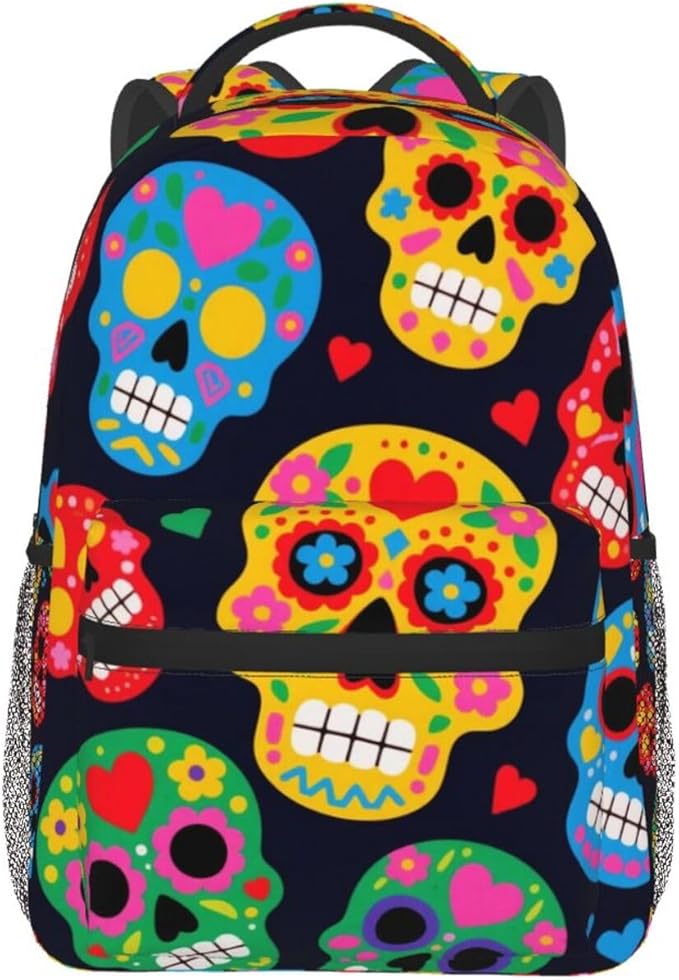 Men Women Lightweight Mexican Sugar Skulls Backpack Large Capacity Bookbag With Smooth Zippers for Gym Business Running