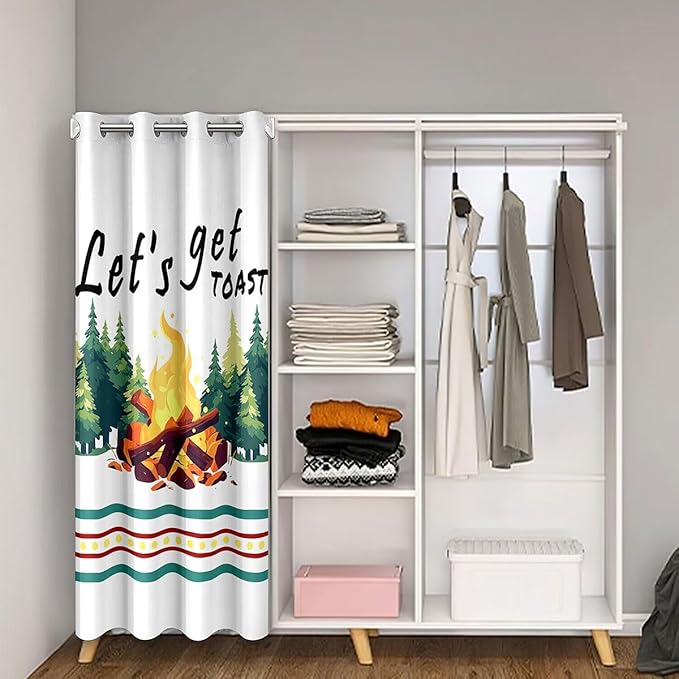 Happy Camping RV Kids Door Curtain,Bonfire Campfire Pine Tree Natural Blackout Curtain,Camper Trailer Rustic Farmhouse Bedroom Doorway Living Room Decor,Green Privacy Door Drape 1 Panel,42" W X 80" L