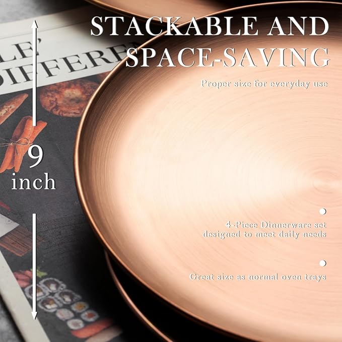 Stainless Steel Plates Metal 18/8 Round Dinner Plates - Set of 4 - Food-Grade Dishwasher Safe 9inch Salad Plates for Camping Kids Dining Outdoor (Gold)