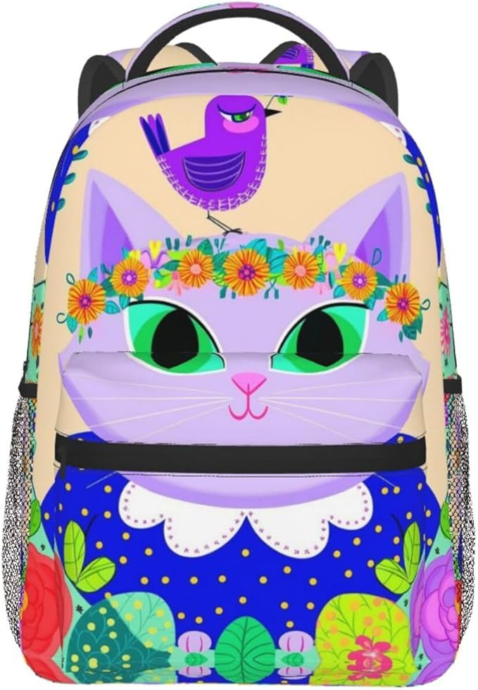 Men Women Polyester Cartoon Cats Birds Flowers Childlike And Dreamy Art Daypack Backpack Large Capacity Carry On Bag With Smooth Zippers for Hiking Picnic Walking Cycling