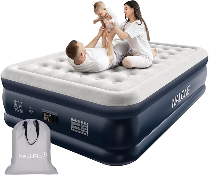 nalone Air Mattress Queen with Built in Pump, 18'' Raise Luxury Inflatable Mattress, 2025 Upgraded Fast Blow Up Mattress with Carry Bag, Portable Air Bed for Home, Travel & Camping