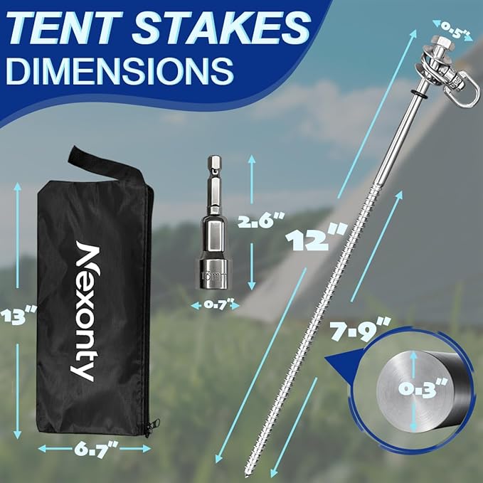 12 Inch Steel Screw in Tent Stakes,8 Pack Tent Stakes Heavy Duty,Ground Anchors Screw in,Trampoline Anchor Kit,Swing Set Anchors,Metal Threaded Camping Stakes with Hex Head Driver&Storage Bag