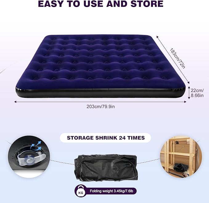 King Size Camping Air Mattress Bed with Air Pump,80"x 72"Thickened Portable Blow Up Inflatable Air Mattress,Travel Sleeping Bed Pad for Camping Home Hiking