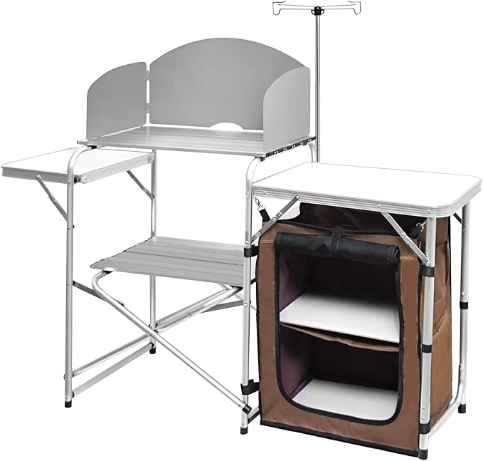 Camp Kitchen Table with Storage Organizer, Outdoor Cooking Table, Grill Tables for Outdoor,Portable Aluminum Windscreen Hooks for BBQ, Party (White)