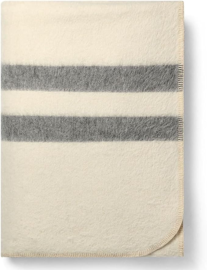 Thick Alpaca Wool Blanket Queen Size Heavyweight for Camping Outdoors or Using Indoors | Soft Peruvian Alpaca Wool Blankets (Ivory - Soft Gray Stripes, Queen)