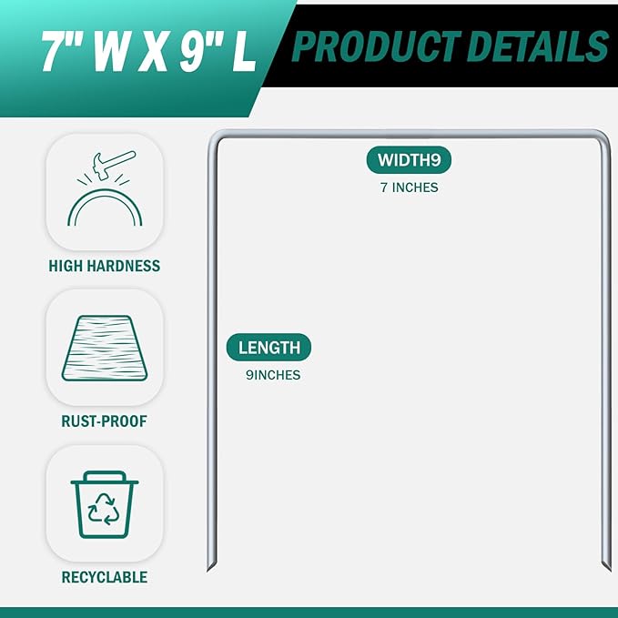 50 Pack Heavy Duty Wide Landscape Staples, 7 Gauge Galvanized Steel Turf Stakes Garden Stakes Bulk, U Type Anchor for Grass, Securing Weed Barrier Fabric, Pipes, Sod (9"x7")