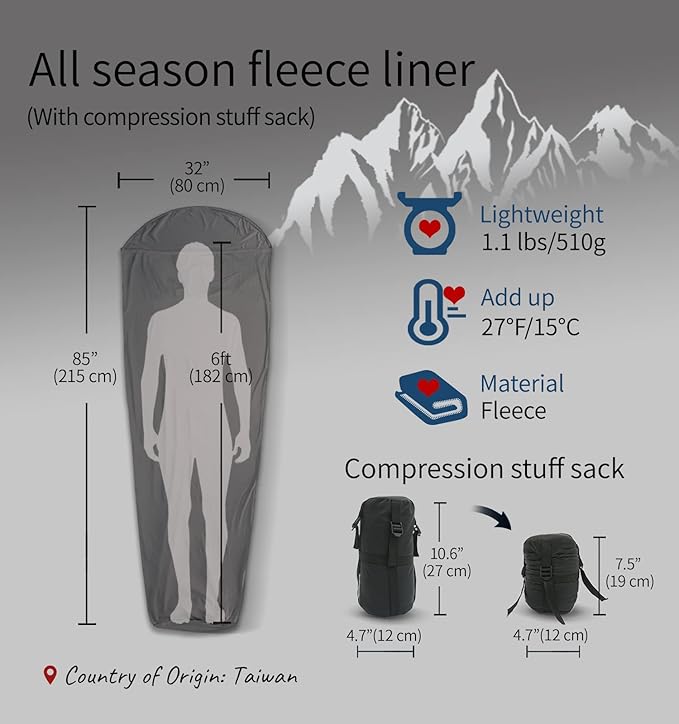 Litume All Season Fleece Sleeping Bag Liner Adds Up to 27°F/ 15°C, Lightweight Mummy Sleeping Sack for Cold Weather and Winter Backpacking, Camping, Traveling with Drawstring Hood and Stuff Sack E629