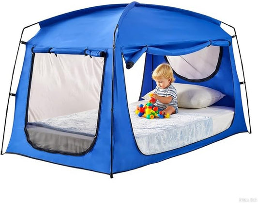 Privacy Sleep Indoor Bed Tent for Adults Kids, Portable Blackout 90% Canopy Tents with 3 Doors Breathable Mesh Windows
