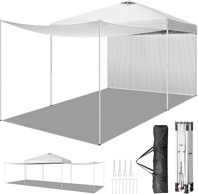 Outvita 10x10ft Ez Pop Up Canopy, Portable Instant Canopy Tent with 2pcs SideWalls and 4pcs Camping Upright Poles for Outdoor Events, Party, Wedding, Birthday,Graduation White
