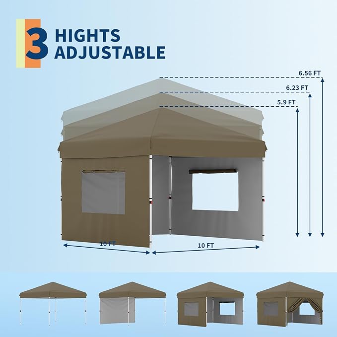 Pop Up Canopy Tent 10x10 FT Outdoor Canopy One-Person Set Up Heavy Duty Commercial Instant Tent, 3-Sidewall, Brown