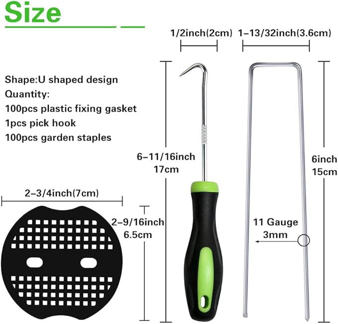 100Pcs Garden Stakes Staples + 100Pcs Gasket, Bakulyor 6 Inch Lawn Landscape Staples 11 Gauge U Shaped Galvanized Landscape Pins, Heavy Duty Yard Ground Pin for Weed Barrier Sod Fabric Decorations