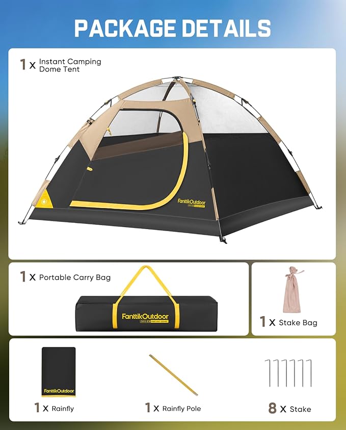 FanttikOutdoor Zeta C2/3/4 Camping Tent, 2/3/4 Person Instant Dome Tent, Easy Setup in 60s, Portable Waterproof Cabin Tent with Pre-Attached Poles & Air Vent, Ideal for Camping, Hiking, Backyard