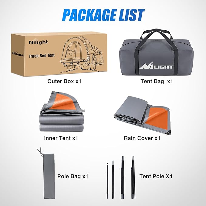 Nilight Truck Bed Tent 6.4 6.5 6.7 FT Pickup Truck Tents with Rainfly Waterproof PU2000mm Double Layer Tent Portable Full Size Regular Tailgate Bed Tent for Truck Camping Outdoor Travel, Orange Grey