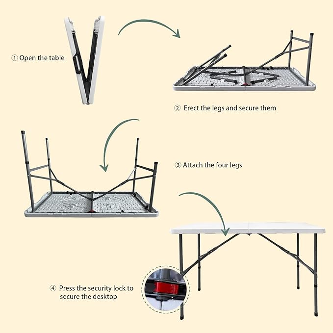 4ft Folding Table, Fold-in-Half Portable Heavy Duty Utility Outdoor Dining Card Table with Handle, Steel Legs Indoor Outdoor Use for Camping Picnic Events Party Card Games, White