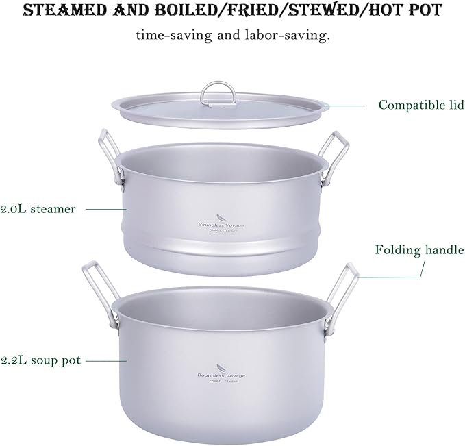 iBasnigo 2.2L Titanium Pot with Steamer Lightweight Portable Cookware Set for Camping Hiking Kitchen Cooking US-Ti2111C