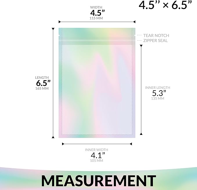 Mylar Bags with Zipper Seal 4.5" x 6.5" | 100 Bags | Rainbow Holographic | Sealable Heat Seal Bags for Candy and Food Packaging, Medications and Vitamins | For Liquid and Solids (4.5" x 6.5")