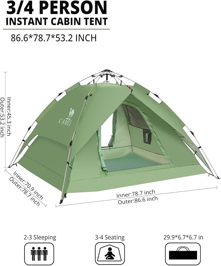 CAMEL CROWN Instant Tent for 3-4 Person, Waterproof & Sun Protection Family Camping Tent, Sets Up in 30 Seconds, Lightweight with Carry Bag for Hiking, Car Camping, Backyard