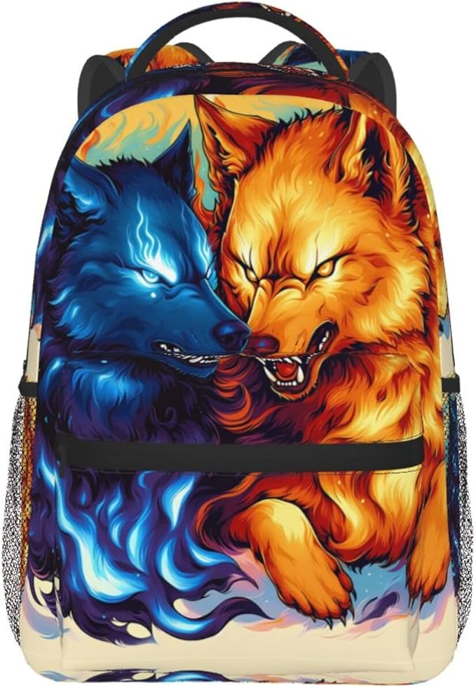Rucksack Anti-Theft Multipurpose Large Capacity Carry On Bag, Ice And Fire Flaming Cool Wolf Art Travel Hiking Bag Day Pack With Side Pockets