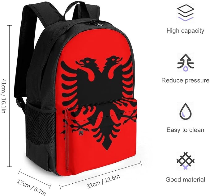 Women Men Polyester Albania Flag Casual Daypack Large Capacity Bookbag With Side Pockets for Sports Picnic Walking Cycling