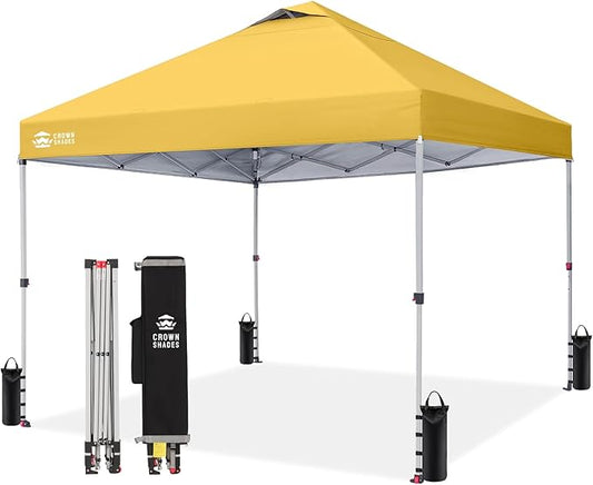 Crown Shades 10x10 Pop Up Canopy - Beach Tent with One Push Setup - Outdoor Sun Shade for Events, Parties, Camping - Gazebo with STO-N-Go Cover Bag, Silver Coated Top, 3 Height& 4 Sand Bags, Yellow