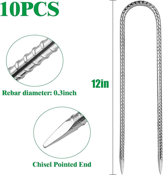 12 Inch Rebar Stakes,10 Packs Heavy Duty Metal U Hook Garden Ground Stakes for Camping Tent Canopy or Supporting for Garden Landscapes Fences Stakes (U Shape-Silver, U-12"x0.3"-10pcs)