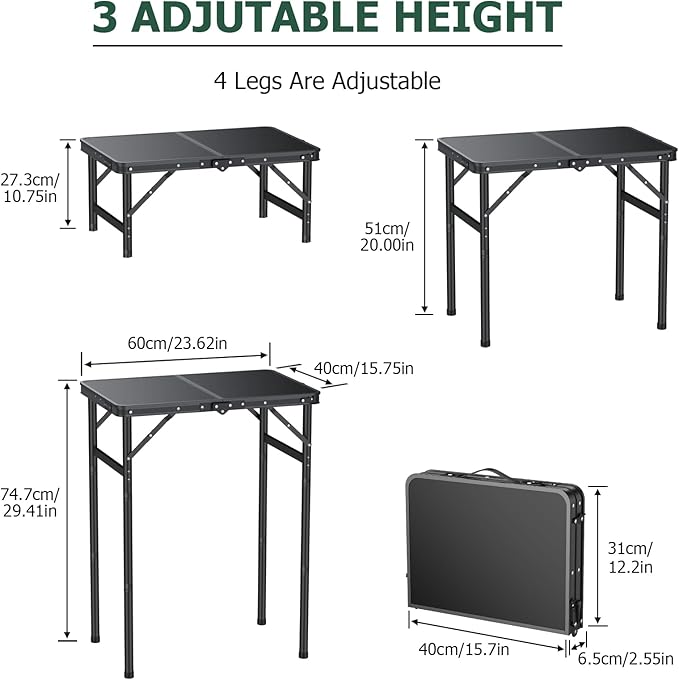 Folding Camping Table Portable Pinic Table 3 Level Height Adjustable Aluminum Frame Small Foldable Camp Table Light Weight with Carry Handle for Outdoor Indoor Hiking Camp BBQ Beach