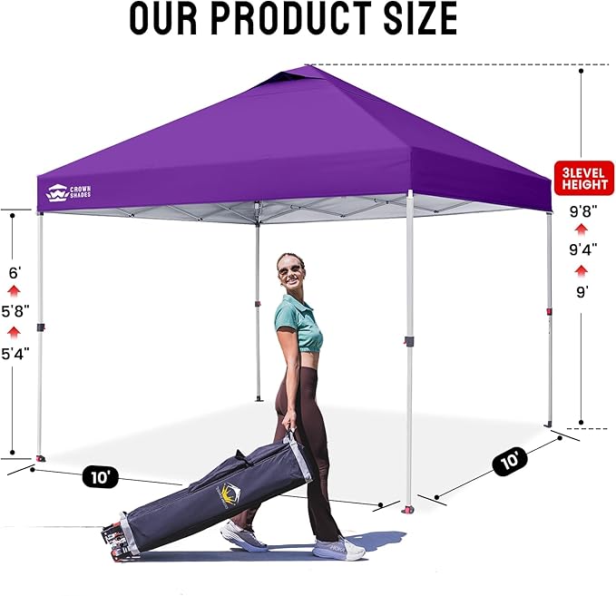 CROWN SHADES 10x10 Pop Up Canopy - Beach Tent with One Push Setup - Easy Outdoor Sun Shade for Events, Parties, Camping - Gazebo with STO-N-Go Cover Bag, Silver Coated Top, Purple