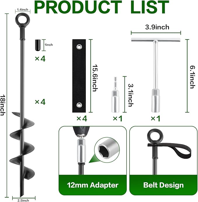 18-Inch Ground Anchors Screw In Heavy Duty, 4 Pack Trampoline Anchors & Stakes High Wind With Wrenches And Straps, Earth Anchors Kit For Swing Sets, Sheds, Camping Tent, Canopies, Mobile Home