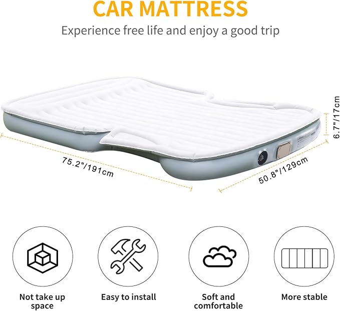 KMZ Portable SUV Air Mattress - Built-in Electric Pump for Fast Inflation - Soft Flocked Surface Car Bed - Ideal for Road Trips & Outdoor Camping - Grey