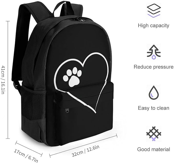 Supdreamc Polyester Daypack Bookbag for Gym Business Bicycle, Large Capacity Multipurpose Anti-Theft Carry On Bag, Cat Dog Paw Prints Heart Black Travel Hiking Daypack