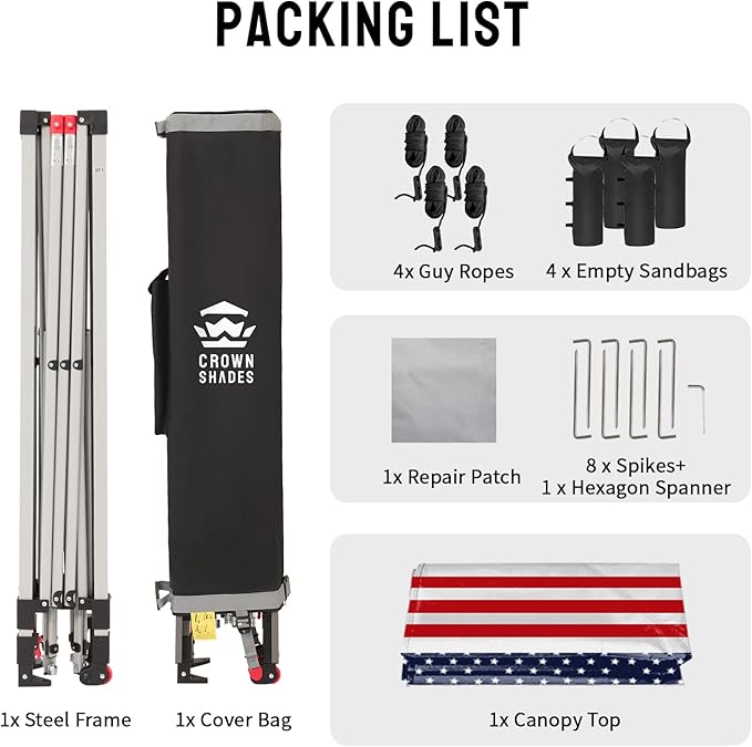 CROWN SHADES 10x10 Pop Up Canopy - Beach Tent with One Push Setup - Easy Outdoor Sun Shade for Events, Parties, Camping - Gazebo with STO-N-Go Cover Bag, Silver Coated Top, American Flag