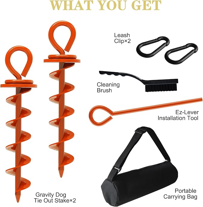 Eurmax USA Heavy Duty Dog Tie Out Stake for Large Dogs up to 210 lbs,Dog Stakes for Outside,Ground Anchor for Dog Leash,Runner Cable, and Pet Gadget Dog Accessories Trampoline Stakes 2-Pack (Orange)