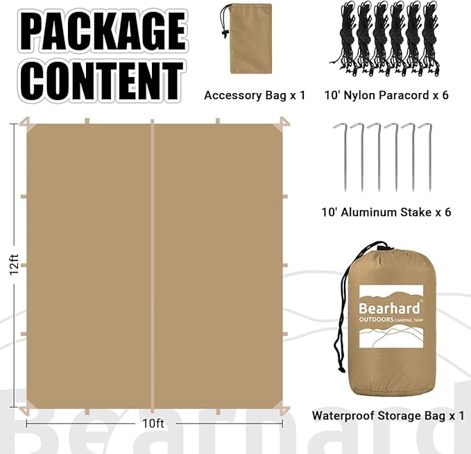 Bearhard Waterproof Camping Tarp, Lightweight Hammock Rain Fly, UV Protection and PU 3000mm Waterproof Backpacking Tarp, Tent Footprint or Shelter Kit for Hiking and Outdoor Adventure