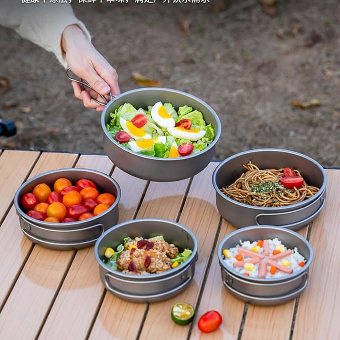 BY-J 2 Piece-Set, Outdoor Titanium Frying Pan with Folding Handle Camping Hanging Cookware Hiking Picnic Ultralight Tableware