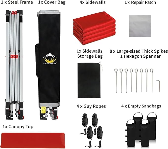 CROWN SHADES 10X10 Comercial Instant Canopy Pop Up Tent with Center Lock (10x10 with 4 Sidewalls, Red)