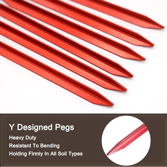 SOLEADER 12 Pieces Tent Pegs Heavy Duty, 9 Inch Y-Shaped Metal Aluminium Alloy Camping Tent Stake Nail with Reflective Rope for Camping, Outdoor, Beach, Hiking