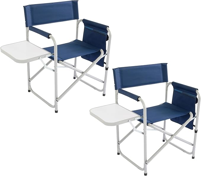 Camping Chair with Side Table & Storage Pockets - Portable Directors Chair Foldable for Outdoor Camping, Lawn, Beach, Fishing, Picnic, Trip (2 Pack) (Blue)