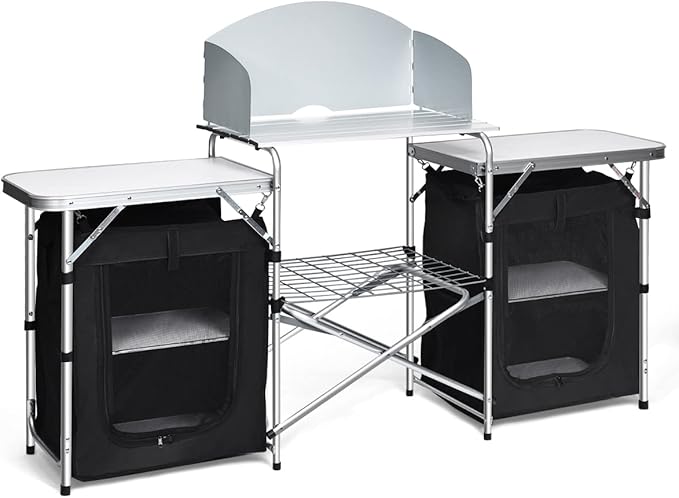 Giantex Camping Kitchen Station, Folding Grill Table with 26'' Tabletop, 2 Side Tables, Storage Organizer, Detachable Windscreen, Portable Camp Cook Outdoor Prep Station Backyard BBQ Picnic (Black)