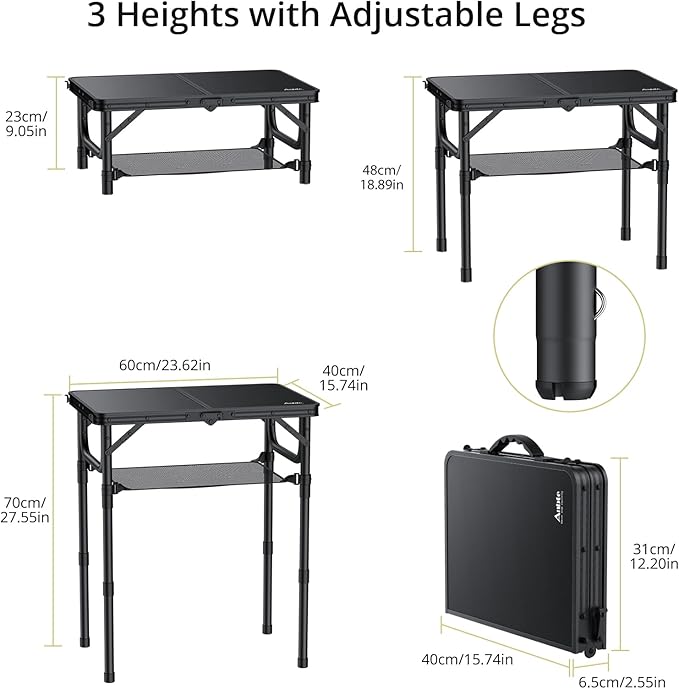 Folding Camping Table with Storage Net, Pure Black Aluminum 2ft Picnic Table 23.2" x 16" Outdoor Table Adjustable Height Max 27.5", Lightweight, Waterproof, Portable Handle for Travel Cooking