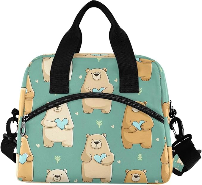 ALAZA Bear Heart Pattern Lunch Box for Men Women Adults Insulated Lunch Bag Cooler Bag with Adjustable Shoulder Strap for Work Picnic Travel