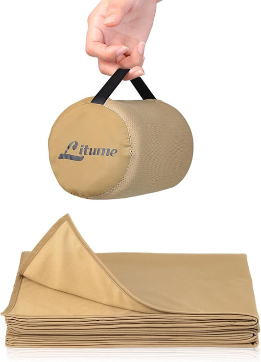 Litume Travel Blanket Lightweight and Breathable, 67 x 48 in Soft Airplane Flight Blanket for Travelers, Foldable Camping Sheet with Stuff Sack for Train, Camp, backapcking, office, home(Creamy Brown)