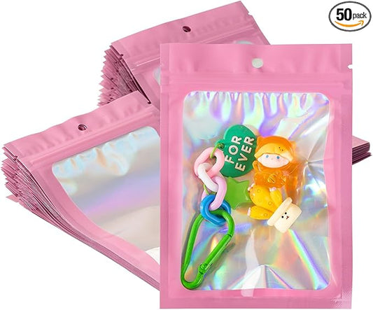 50Pcs Pink Holographic Mylar Bags, 6.3x9.4 inch Resealable Foil Zipper Pouches for Gummies, Party Favors, Small Business Packaging