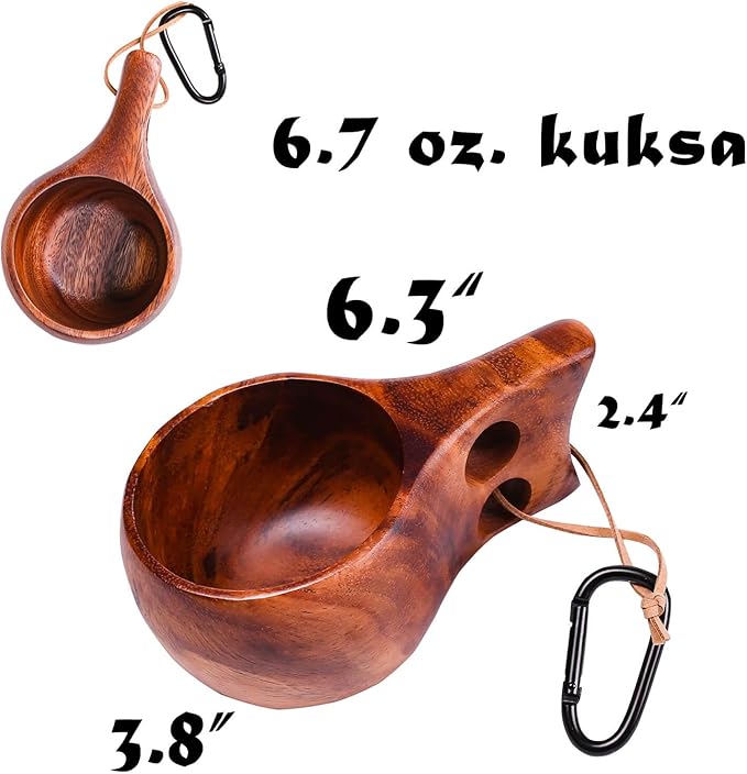Kuksa Camping Mug Wooden Bushcraft Handcarved Cup, Nordic Style Coffee & Hiking Kuksa, Walnut Wood, Double Hole, 6.7 oz., 6.3" x 3.8" x 2.4"