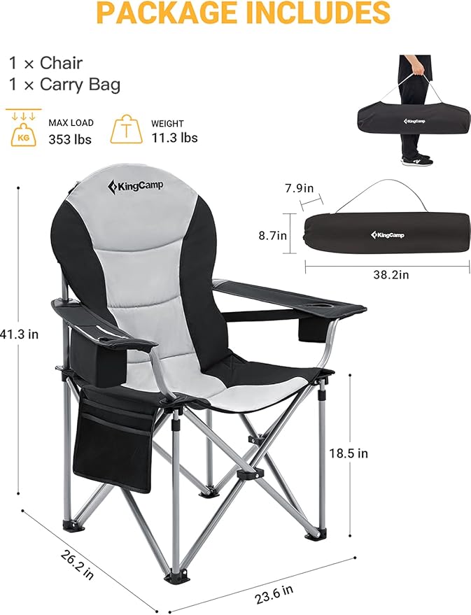 KingCamp Folding Portable Camping Chairs Oversized Padded Quad Arm Chair with Cooler Bag, Cup Holder and Side Pocket, Heavy Duty Supports 300 lbs for Outdoor, Lawn, Fishing, Sports
