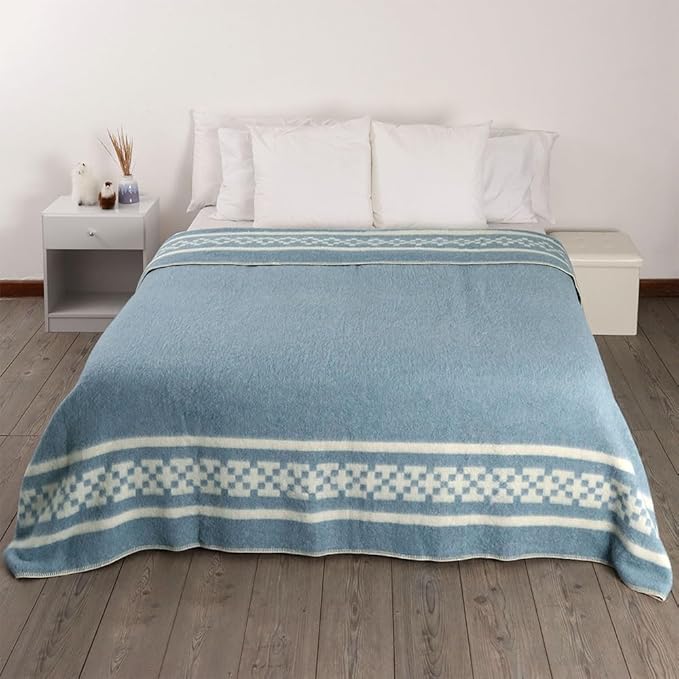 Inca Wall - Thick Alpaca Wool Blanket Heavyweight Camping Outdoors Indoors Soft Peru Queen Size New Ethnic Design (Soft Blue/Ivory, Queen Size)
